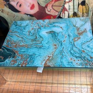 Tahari Home Gold Glitter Turquoise Mirrored Glass Box 8”Lx6”Wx2 5/8”H 2lb 5.5oz